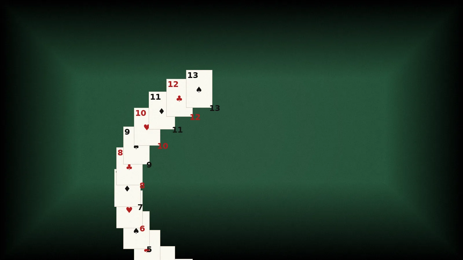 Editorial photograph of a fan of thirteen playing cards spread across a dark green felted table
