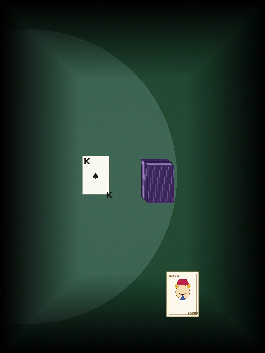 Editorial side-view photograph of thirteen cards being dealt across a tournament table felt