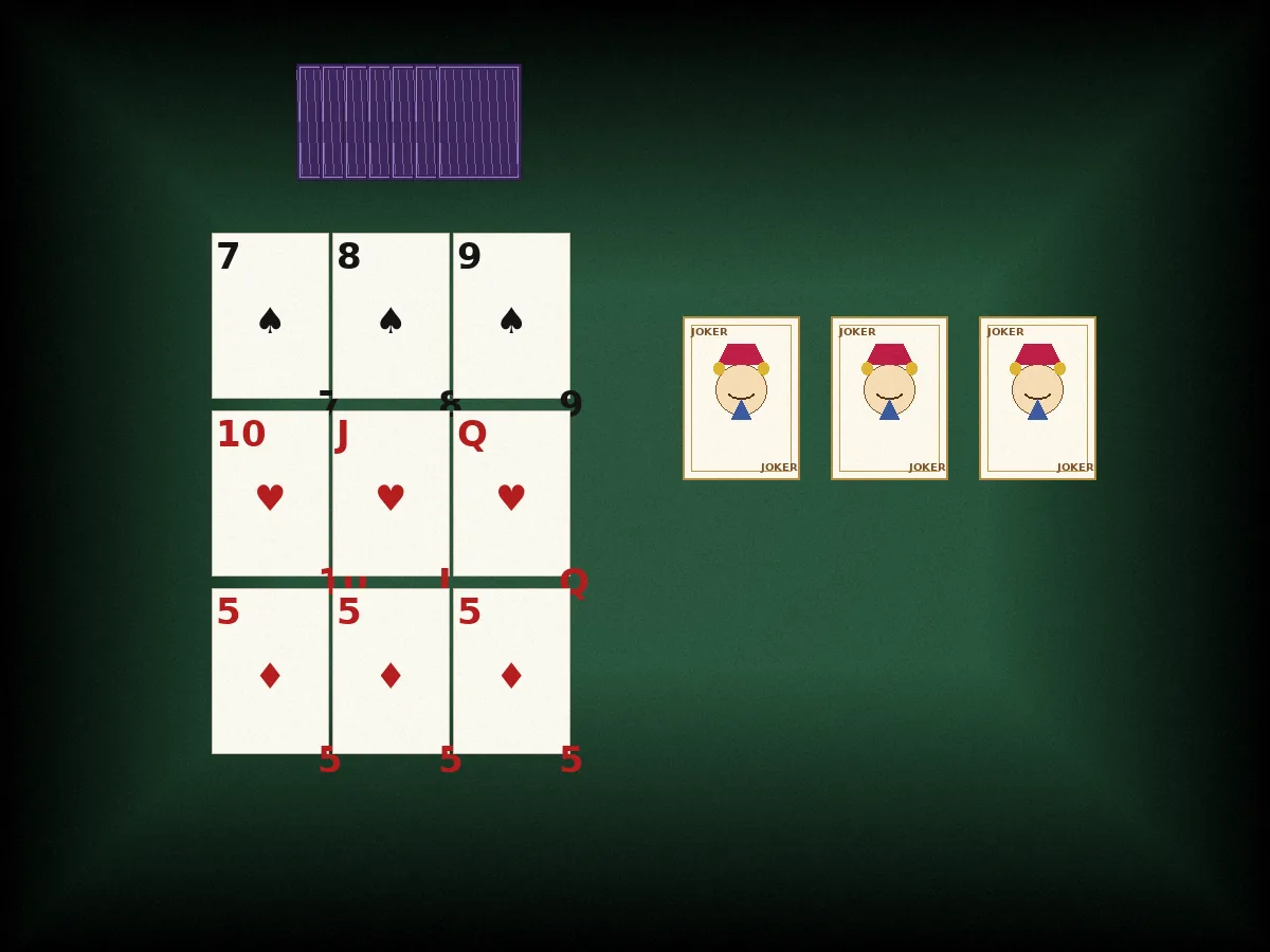 Editorial top-down photograph of a rummy meld arrangement showing pure sequence, impure sequence and set groups on a green felted table