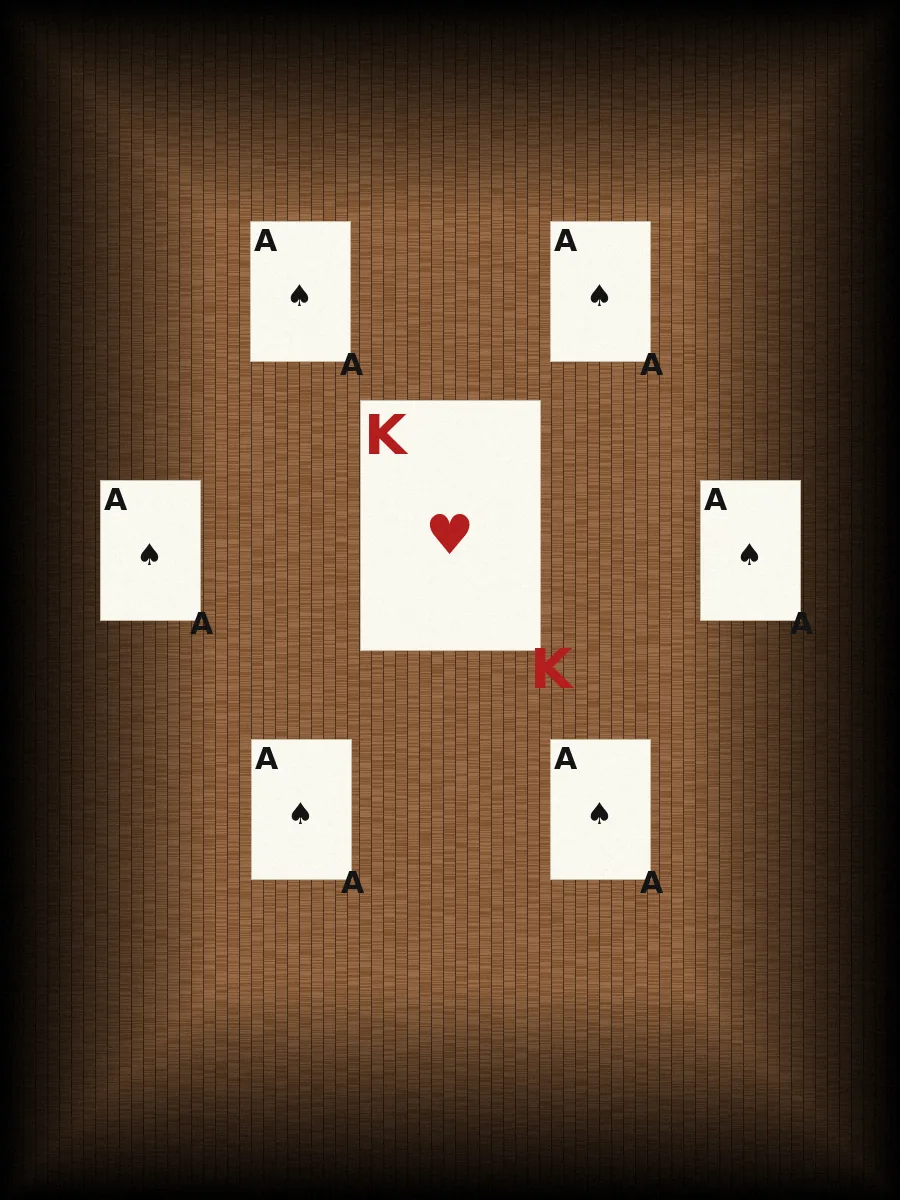Editorial photograph of a card arrangement showing a king of hearts surrounded by aces of spades