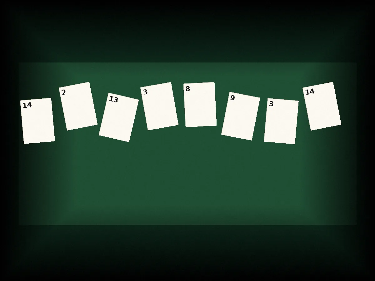 Editorial photograph of cards spread across a green felted tournament table